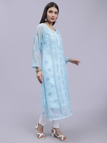 Image of Seva Chikan Hand Embroidered Lucknowi Chikankari Georgette Kurta with Inner Slip for Women SCL4431