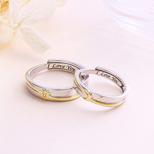 Promise Rings for Couples Sterling Silver Matching Rings for Women Adjustable Sun/Moon/Star/Heart Him and Her Rings Carved I LOVE YOU Couples Jewelry Gift for Men Women3