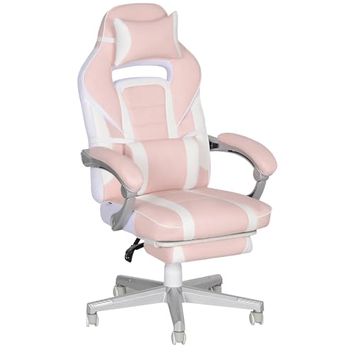 HOMCOM Chaise Gaming, Fauteuil Gaming Ergonomique avec Repose-Pieds, Hauteur réglable, Dossier inclinable à 150°, Appui-tête et Soutien Lombaire, Fauteuil de Bureau à 360° Rotatif en PU, Rose
