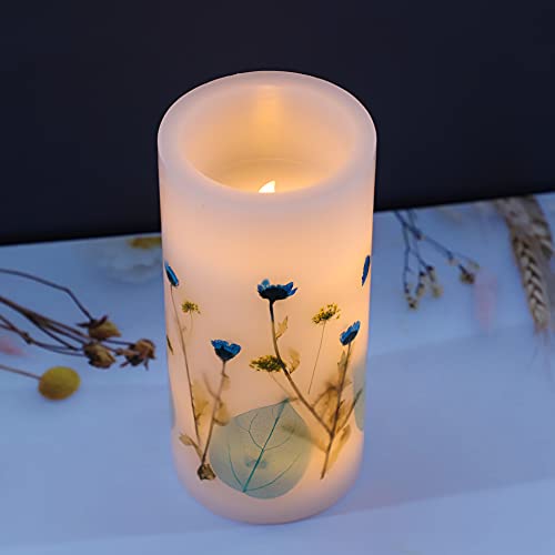 Crystal Club Blue Flower Flameless Candles, Flickering Led Candles, Battery Powered And Timer Function Realistic Pillar Candle For Home And Holiday Decor(Blue Flower 4" X 8") #TOP1