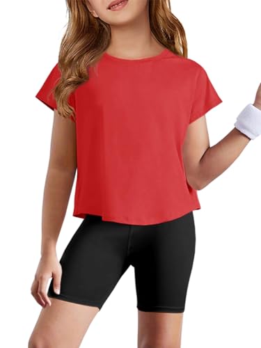Haloumoning Girls Loose Athletic Shirts Short Sleeve Crop Tops Kids Quick Dry Gym Yoga Tees 5-14 Years