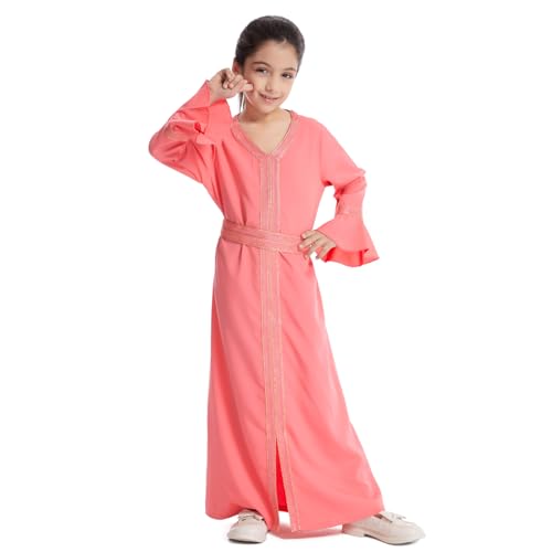 Girls Abaya Dubai Braided Trimming Prayer Dress Kids Muslim Long Bell Sleeve Arabian Robe Ramadan Islamic Clothes4