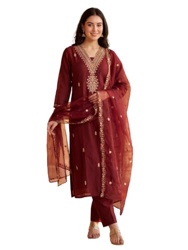 Image of INDO ERA Women's Silk Blend Embroidered Kurta & Pant with Dupatta Set | Kurta Sets For Woman