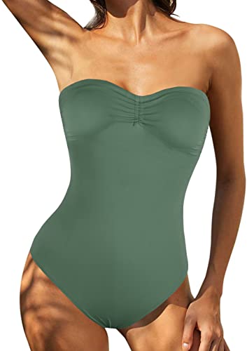 Hilor Women's One Piece Swimsuits Bandeau Bathing Suits Halter Monokinis Swimwear Army Green 8 #TOP2