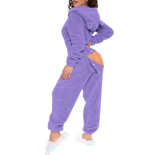 Bauzuoyo Conjunto de pijama para mujer, Navidad, sexy, forro polar, mono de franela con capucha, mono con solapa en el trasero, pijama de una pieza, pijama de peluche, talla única para San Valentín,