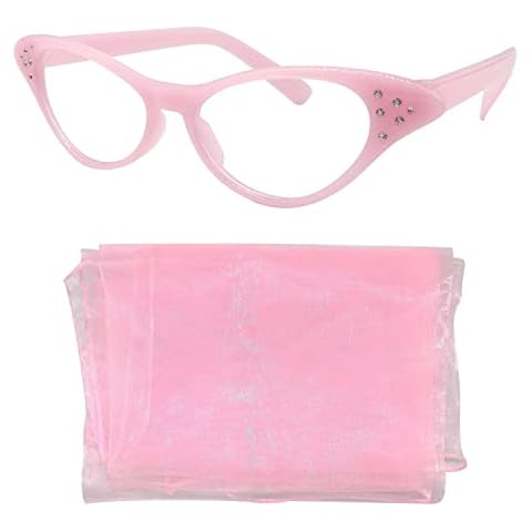 2 Pieces 50's Costume Accessory Set Ladies Fancy Dress Glasses and Scarf, Women Retro 50's Pink Costume Accessory Set Female Style Glasses Neck Scarf for Women Girls Y350ZB (pink) Cover