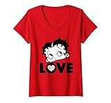 Femme Betty Boop Love Face Cœur à Pois T Shirt avec Col en V, Rouge, M