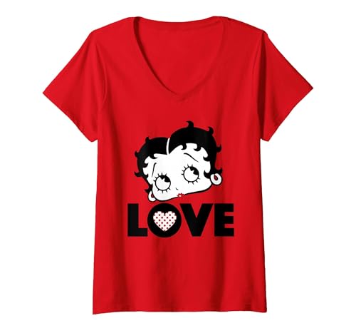 Femme Betty Boop Love Face Cœur à Pois T-Shirt avec Col en V, Rouge, M
