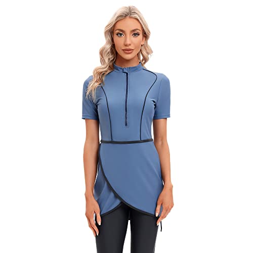 Muslim Swimwear Sets Women Clothing Modest Patchwork Hijab Long Sleeves Sport Swimsuit Islamic Burkini Wear Bathing Suit (as1, Alpha, m, Regular, Regular, Blue, M)