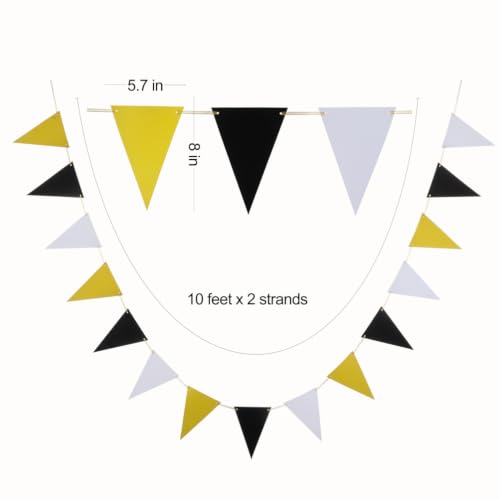 Image of MOWO Yellow Black White Pennant Banner Paper Bunting, 30 Counts, 20 feet | Hanging Decoration, For Birthday Graduation Mother to Bee Party