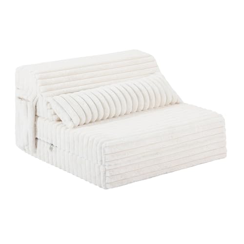 Image of Tiita Folding Sofa Bed Twin Size, Convertible Sleeper Chair Mattress with Pillow, Thick Corduroy Floor Mattress Couch Bed with Side Pocket, Guest Room, Dorm, Apartment, Beige