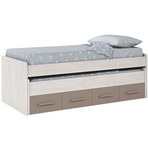 Habitdesign Cama Nido Juvenil, 2 Camas y 2 cajones, Modelo Ares, Acabado en Color Blanco Alpes y Basalto, Medidas: 198 cm (Ancho) x 69 cm (Alto) x 96 cm (Fondo)
