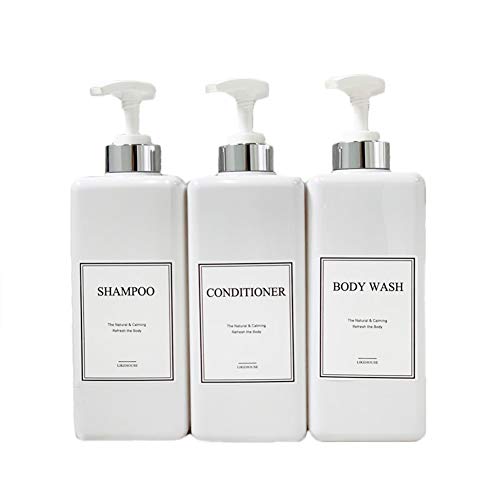 CNC 27.05 oz Pump Bottle of The Bathroom, 4 Waterproof Label Sticker, Pack of 3 Shower Plastic Bottles, Soap Dispenser (Silver-White)