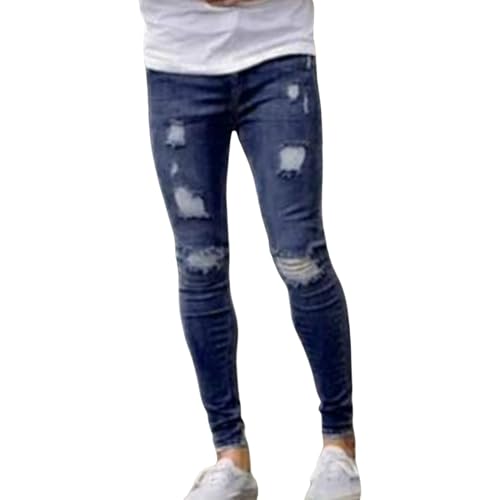 Jeans Pants Trouser Denim Ground White Ripped Street Trendy Washed Blue Small Leg Elastic Tight for Man