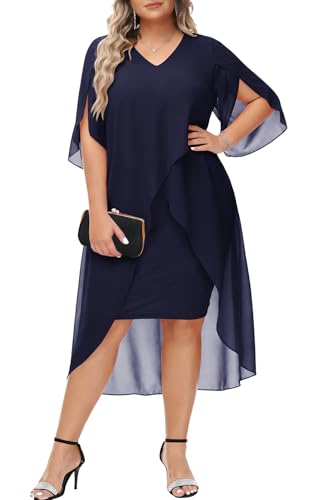 Image of Hanna Nikole Womens Plus Size Chiffon Cocktail Dress Ruffle 3 /4 Sleeve Wedding Guest Party Dresses with High Low Hem