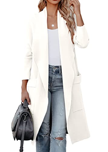 Minetom Manteaux Femme Automne Hiver Gilet Blouson Manches Longues Manteau Long Couleur Unie Trench Coat Veste avec Poches A Blanc S