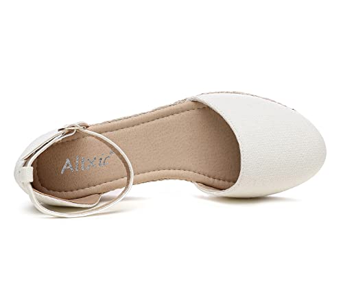 Image of Altxic Women's Closed Toe Canvas Ankle Strap Espadrilles Wedge Sandals White 7 US