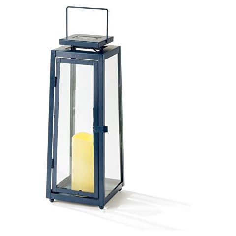 Blue Outdoor Candle Lantern - 15 Inch Tall, Solar Powered, Navy Metal with Glass, Waterproof Flameless Pillar Candles, Dusk to Dawn Timer, Flickering LED Lights, Rustic Farmhouse Patio Decor Cover