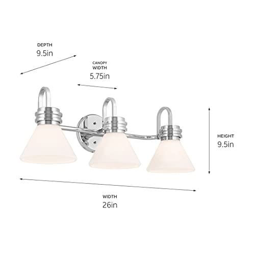 Image of Kichler Farum 26 inch 3-Light Bathroom Vanity Light Fixture with Opal Glass in Chrome, Modern Wall Mount Over Mirror for Single or Double Vanity (26 inch x 9.5 inch x 9.5 inch), 55155CH