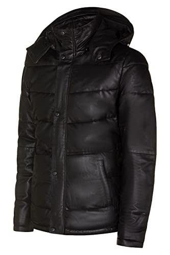 Men's Puffer Black Leather Quilted Warm Bomber Hooded Jacket2