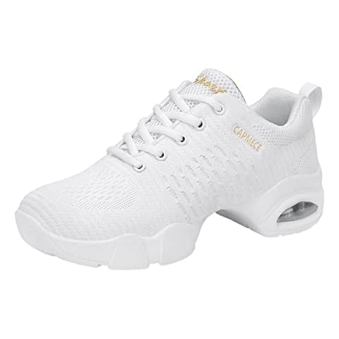 Womens Dance Sneakers Jazz Shoes Breathable Mesh Lace-up Air Cushion Lady Split Sole Platform Dance Shoes Walking Trainers Ballroom Sneakers White 43 Cover
