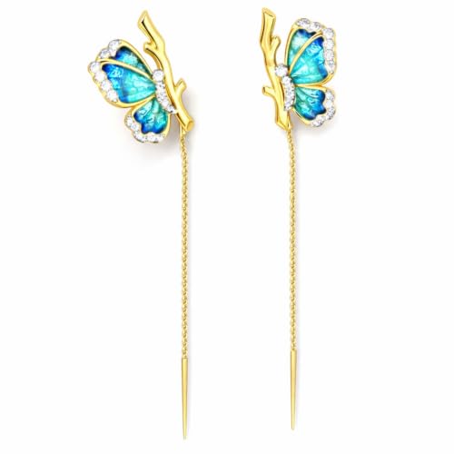 Mushanite Exquisite 18K Gold Plated Blue Butterfly Moissanite Diamond Sui Dhaga Earrings for Women Threader Dr