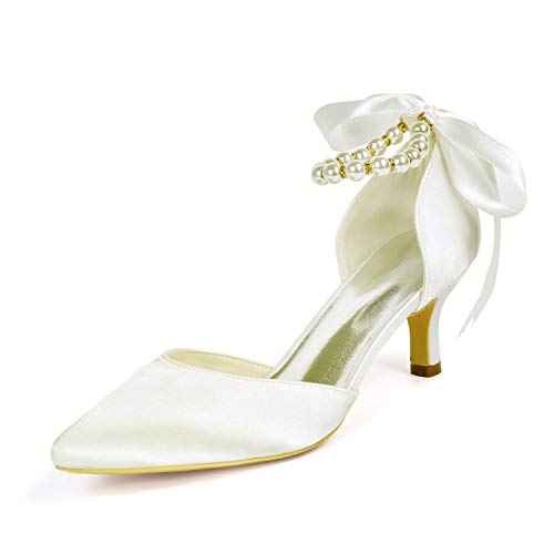 Women's Pearl Ivory Wedding Shoes for Bride Low Heel Comfortable Pointed Toe Bridal Shoes Satin Prom Party Dress Pumps Sandals Satin Shoes 1608-28