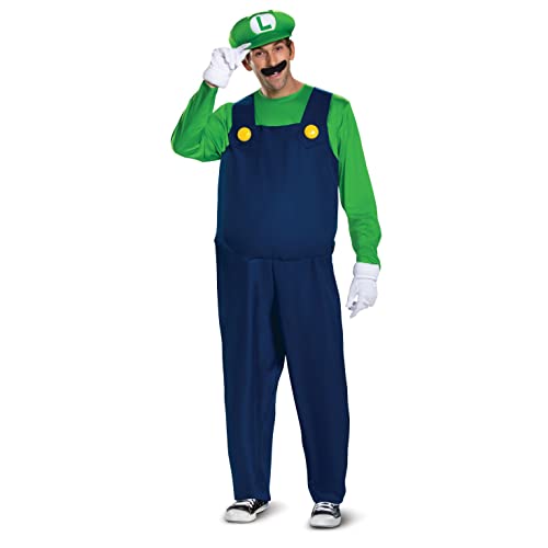 Disguise Men's Super Mario Bros Adult Luigi Costume Outfit with White Gloves, Green Hat & Mustache, M (38-40)