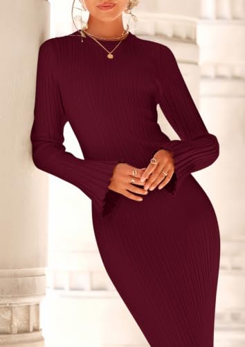 Image of PRETTYGARDEN Women's Sweater Dress Long Sleeve Maxi Dresses | Bell Sleeve Stretchy, Ribbed Knit Long Bodycon Fall Winter Wedding Guest Dress, Classy Party Holiday Outfits, Fashion Clothes