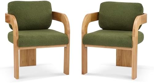 Christopher Knight Home Yorick Modern Boucle Dining Chair Set of 2 with Cushion, Solid Wood Dining Room Armchair Set, Curved Backrest Kitchen Side Chair, Living Room Comfy Extra Seat, Natural+Green