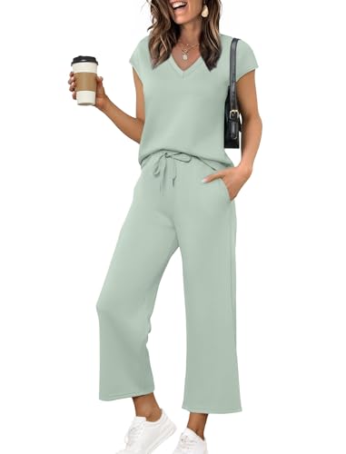 Saloogoe Womens Loungewear Set Two Piece Airport Outfits 2 Pc Lounge Sets Fashion Spring Short Sleeve Tracksuit Wide Leg Sweatsuit Ladies Casual Summer Clothing Vacation Clothes L