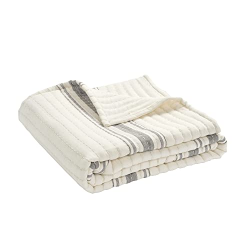 Image of Lush Decor Farmhouse Stripe Kantha Pick Stich Yarn Dyed Cotton Woven Throw Reversible Ticking Pinstripe Design Blanket, 50 inch x 60 inch, Gray
