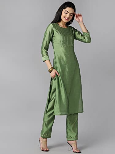 Image of Vaamsi Women's Poly Silk Embellished Solid Straight Kurta Pant with Dupatta
