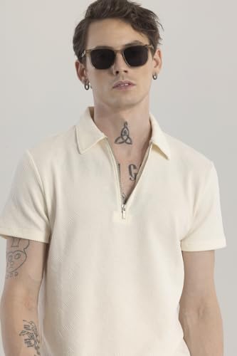 Image of SNITCH Cream Textured Polo T-Shirt