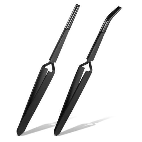 Reverse Tweezers for Crafting 2 Pcs Rubber Tipped Tweezers Stainless Steel PVC Coated Bent and Straight Flat Tip Cross Locking Precision Tweezer Set for Crafts Jewelry Beads Coins Electronic (Black)