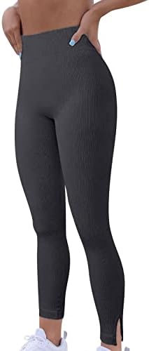 Fashion Ribbed Seamless Leggings for Women Side Split Hem High Waisted Elastic Running Sports Workout Gym Yoga Pants(Gray,Medium)