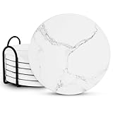 MAKALONG Coasters Set of 6, White Marble Coasters, Ceramic Drink Absorbent Coaster, Stone Table Coaster