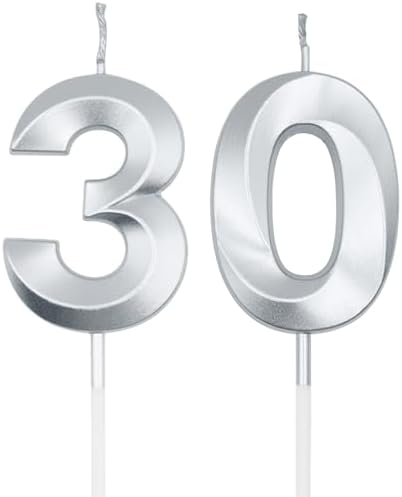 Silver 30th Birthday Candles for Cakes, Number 30 Candle Cake Cup...