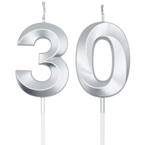 Silver 30th Birthday Candles for Cakes, Number 30 Candle Cake Cup...