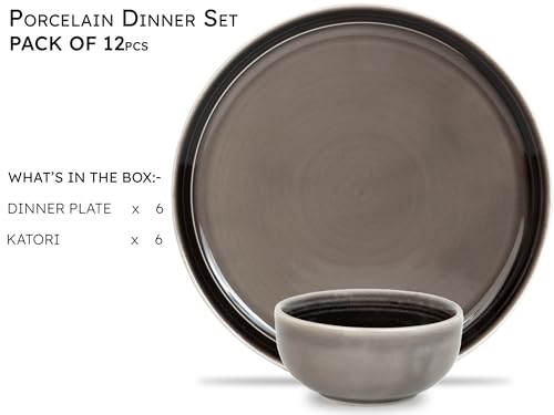 Image of Bodhi House Handcrafted Chip Resistant Porcelain Solid Dinner Set, 12 Pieces Dish Set Serving for 6, Microwave and Dishwasher Safe, Bone-Ash Free, Crockery Set for Dining and Gifting, Smoke Grey