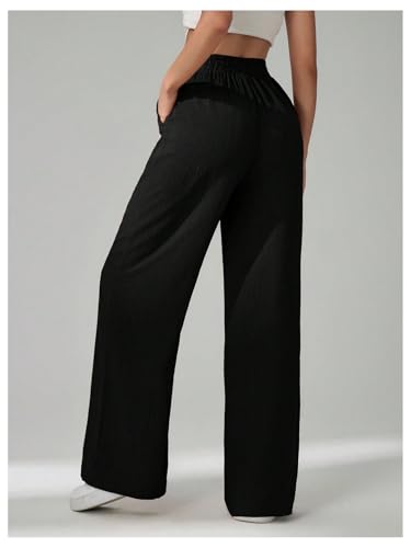 Women's Straight Wide Leg Pants Elastic Drawstring Low Rise Casual Textured Trousers with Pockets3
