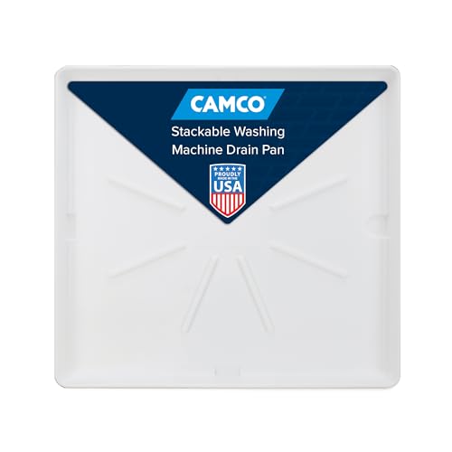 Camco Stackable Washing Machine Drain Pan - Measures 25″ (L) x 27″ (W) ID & 28″ (L) x 30″ (W) x 2 7/16″ (H) OD - Great for Apartment-Sized Washers/Stackable Units - 1'/1.5' PVC Drain Fitting (21006)