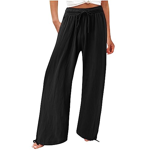 Womens Elastic High Waisted Palazzo Pants 2024 Summer Trendy Casual Wide Leg Pant Long Lounge Trousers with Pocket