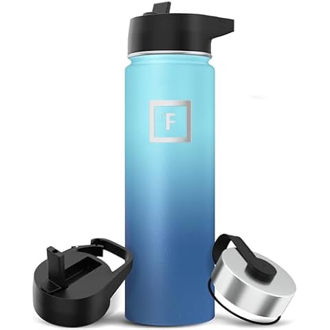 IRON °FLASK Camping & Hiking Hydration Flask with 3 Lids - Stainless Steel, Double Walled & Vacuum Insulated Water Bottle - Leak Proof & BPA Free (Blue Waves, Straw - 22 oz) Cover