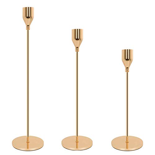 Gails Willing Set of 3 Gold Brass Candle Holders for Taper Candles, Decorative Candlestick Holder for Wedding, Dinning, Party, Fits 3/4 inch Thick Candle&Led Candles (Metal Candle Stand)