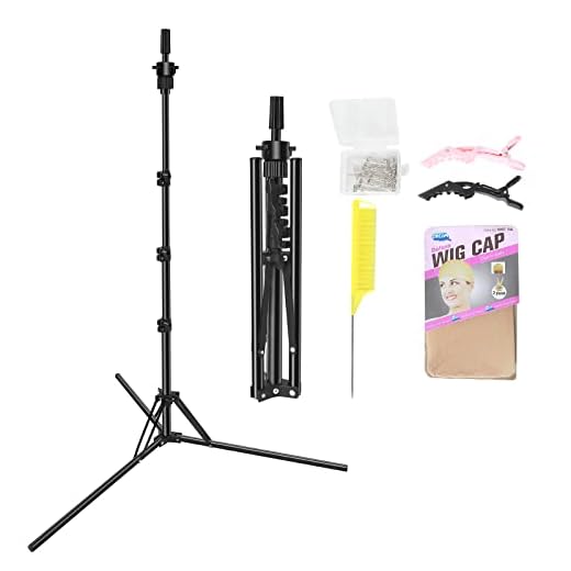LNASI Mannequin Head Stand, Upgrade Foldable Wig Stand Tripod for Cosmetology Hairdressing Training, Metal Adjustable Wig Head Stand with Wig Caps, T-Pins, Comb, Hair Clips