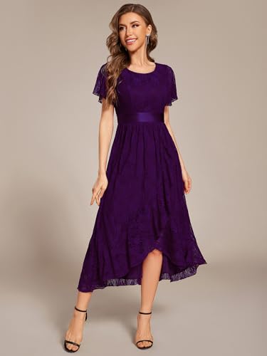Image of Ever-Pretty Women's Lace Short Sleeve Round Neck Empire Waist Midi High Low Evening Gown 03489