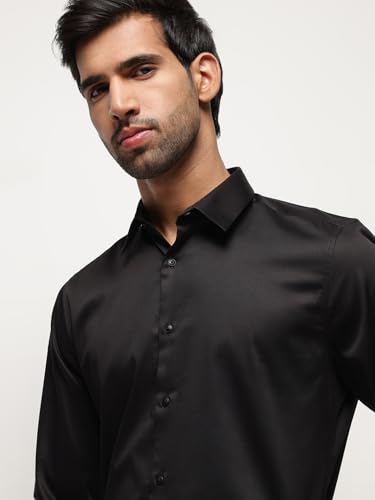 Image of SUBTRACT Men's Slim Fit Solid Spread Collar Cotton Satin Evening Shirt | Stylish Men's Wear Shirt for Office or Party