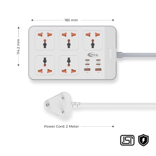 Image of OTEK Extension Board with 5 Universal Sockets 6 USB Ports 4 Type C and 2 Type A Ports 2 Meter Cord 2500W 10A Surge Protector Fire Resistant ABS Body Multiplug Socket with Safety Shutter White