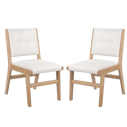 Image of KCC Modern PU Leather Dining Chairs Set of 2, Upholstered Kitchen Chairs with Solid Wood Legs and Comfortable Seat for Dining Room Lounge Bedroom(White)